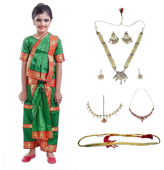 Bharatnatyam Costume for Girls with Light Bharatnatyam Jewellery Fancydresswale