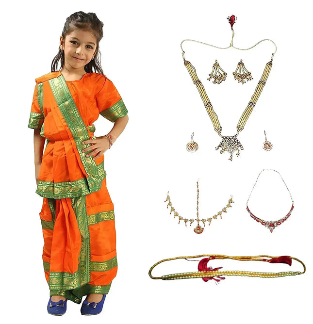 Bharatnatyam Costume for Girls with Light Bharatnatyam Jewellery Fancydresswale