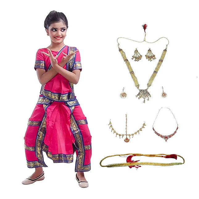 Bharatnatyam Costume for Girls with Light Bharatnatyam Jewellery Fancydresswale