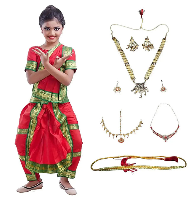 Bharatnatyam Costume for Girls with Light Bharatnatyam Jewellery Fancydresswale