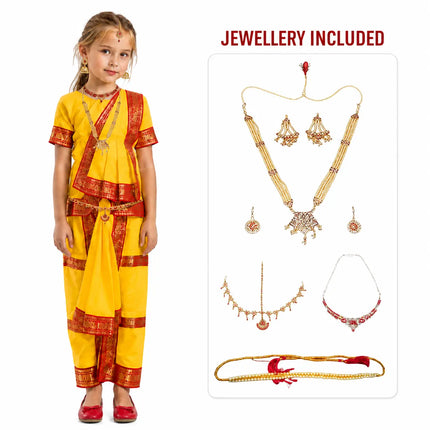 Bharatnatyam dress  for Girls with Light weight Bharatnatyam Jewellery - Yellow Fancydresswale