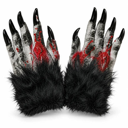 Bhoot Fur Hand Halloween gloves with black claws and fur-look cuffs on white background