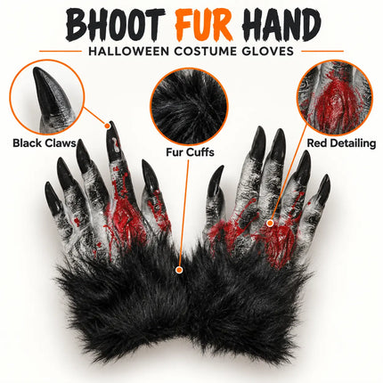 Halloween glove design highlights showing black claws and fur-look cuffs