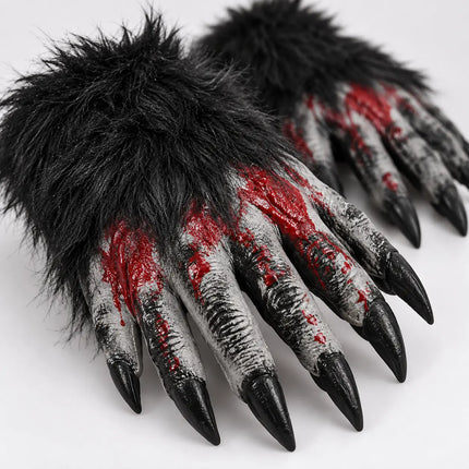 Close-up of textured grey fingers and red horror detailing