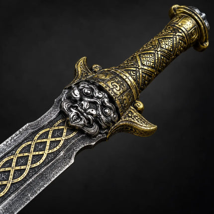 Close-up of Bhoot Talwar gold-tone handle and decorative face motif