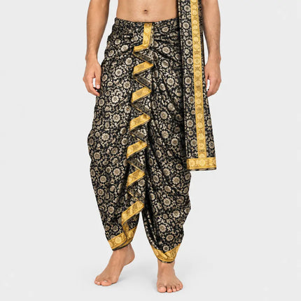 Black Brocket dhoti AI hero on light-gray background