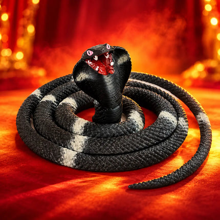 Black cobra snake prop on red stage background