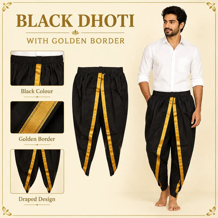 Black dhoti cream-gold design infographic, shirt not included