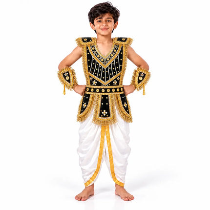 Boy wearing black kavach with white dhoti