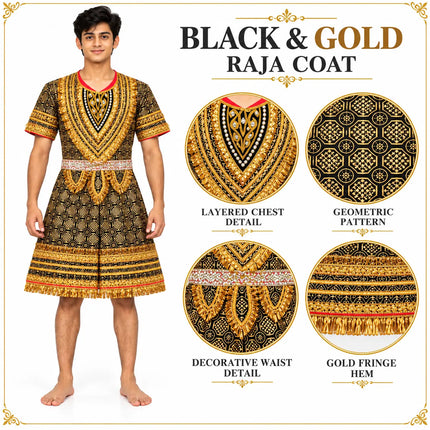 Black & Gold Raja Coat with Decorative Borders & Fringe | Kids Ramleela Costume fancydresswale.com