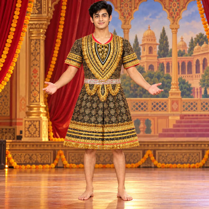 Black & Gold Raja Coat with Decorative Borders & Fringe | Kids Ramleela Costume fancydresswale.com
