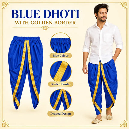 Blue dhoti cream-gold design infographic, shirt not included