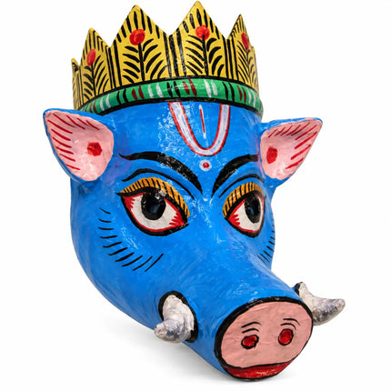 Blue Varaha Mask with patterned crown, pink snout and side tusks