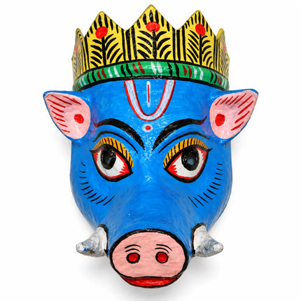 Angled view of Blue Varaha costume mask