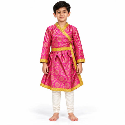 Boys Pink and Gold Zari Angrakha Costume | Traditional Stage & Ramleela Outfit fancydresswale.com