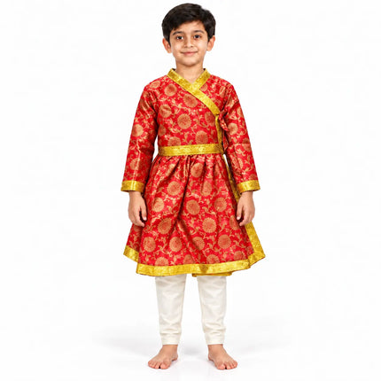 Boy wearing red and gold floral Zari Angrakha with white bottoms