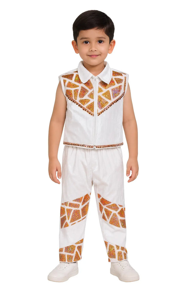 Boys White & Orange Sequin Dance Costume | Fancy Dress for Stage & School Function Fancydresswale.com