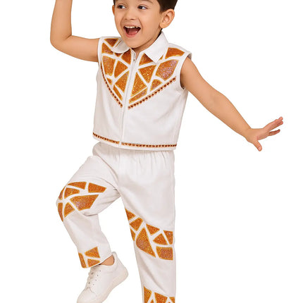 Boys White & Orange Sequin Dance Costume | Fancy Dress for Stage & School Function Fancydresswale.com