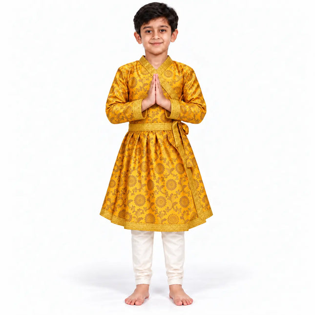 Boys Yellow and Gold Zari Angrakha Costume | Traditional Stage & Ramleela Outfit fancydresswale.com