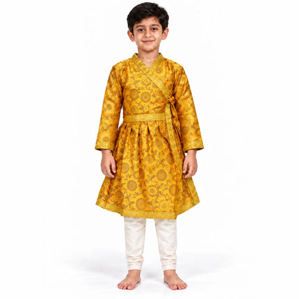 Boy wearing yellow and gold floral Zari Angrakha with white bottoms