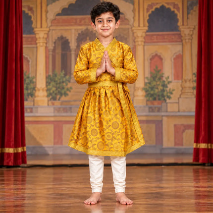 Boys Yellow and Gold Zari Angrakha Costume | Traditional Stage & Ramleela Outfit fancydresswale.com