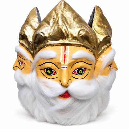 Brahma Mask with golden crown, white beard and side-profile faces on white background