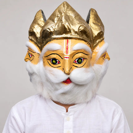 Costume styling view of Brahma Mask worn with a white outfit