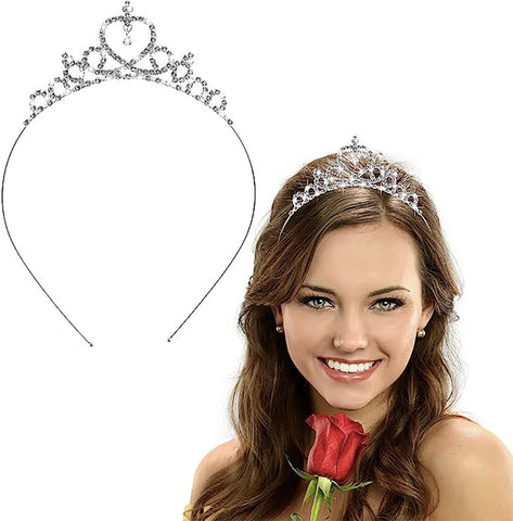 FancyDressWale Tiara Rhinestone Headband Hair Accessories with Silver Princess Crown for Birthday, Festive Decorations, Women, Girls, Bridal, Wedding, Hair Bands, and Jewellery