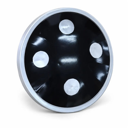Angled view of black Chalu Dhaal showing curved face and silver-tone details