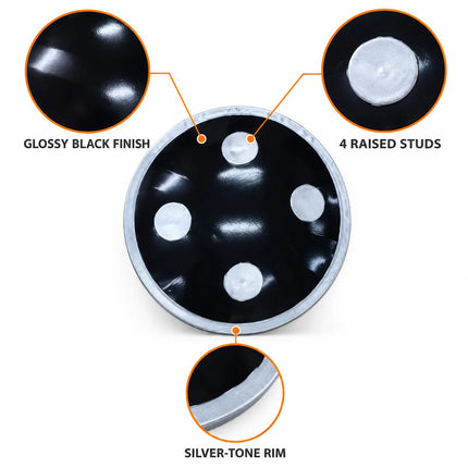 Black shield detail guide highlighting finish, four studs and silver-tone rim