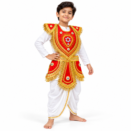 Traditional Red Kavach Karna Costume - Mythology Fancy Dress Set  2. Description