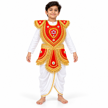 Traditional Red Kavach Karna Costume - Mythology Fancy Dress Set  2. Description