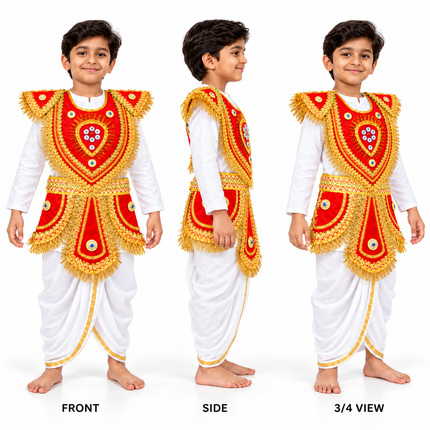 Traditional Red Kavach Karna Costume - Mythology Fancy Dress Set  2. Description
