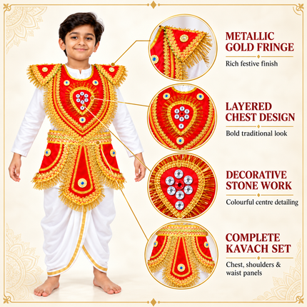 Traditional Red Kavach Karna Costume - Mythology Fancy Dress Set  2. Description