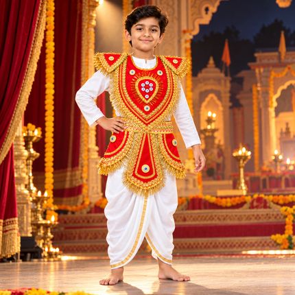 Traditional Red Kavach Karna Costume - Mythology Fancy Dress Set  2. Description