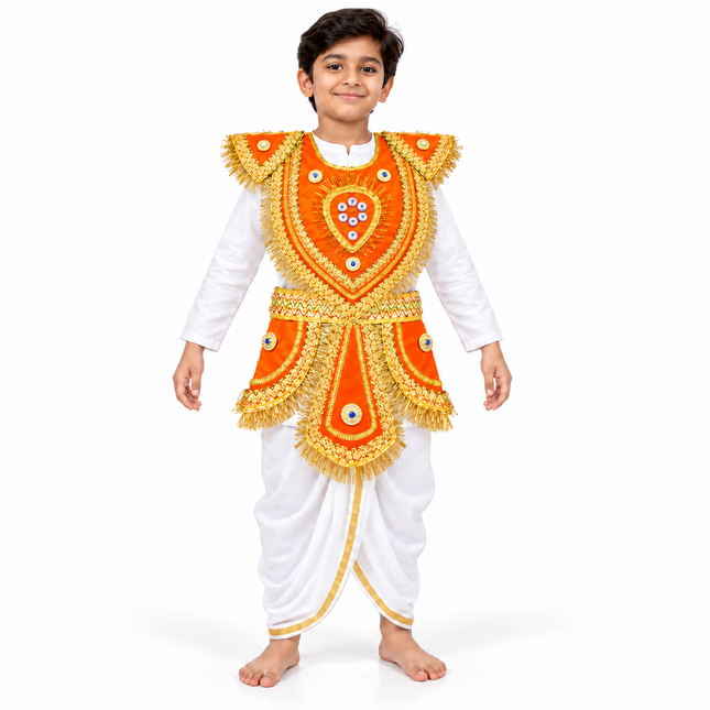 Kids Orange Kavach Karna Costume Set - Traditional Warrior Mythological Fancy Dress