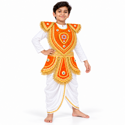 Kids Orange Kavach Karna Costume Set - Traditional Warrior Mythological Fancy Dress
