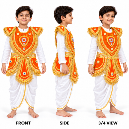 Kids Orange Kavach Karna Costume Set - Traditional Warrior Mythological Fancy Dress