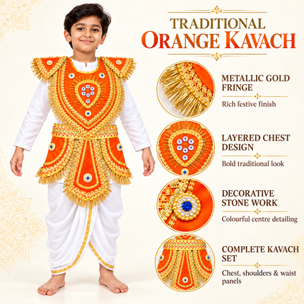 Kids Orange Kavach Karna Costume Set - Traditional Warrior Mythological Fancy Dress