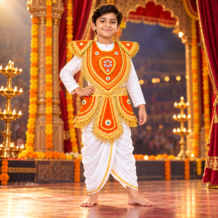 Kids Orange Kavach Karna Costume Set - Traditional Warrior Mythological Fancy Dress