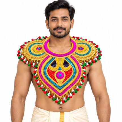 Chester – Golden Ramleela Chest Accessory with Colourful Pom-Pom Trim fancydresswale.com