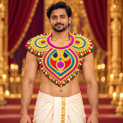 Chester – Golden Ramleela Chest Accessory with Colourful Pom-Pom Trim fancydresswale.com