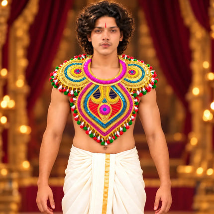 Chester – Golden Ramleela Chest Accessory with Colourful Pom-Pom Trim fancydresswale.com