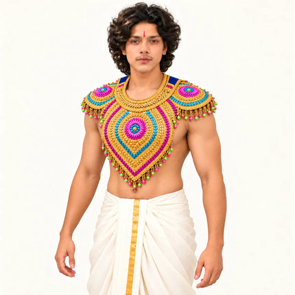 Chester – Golden Ramleela Chest Accessory with Magenta & Turquoise Floral Design fancydresswale.com