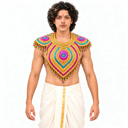 Chester – Golden Ramleela Chest Accessory with Magenta & Turquoise Floral Design fancydresswale.com