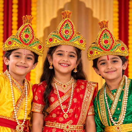 Children in fancy dress wearing matching golden stage mukuts