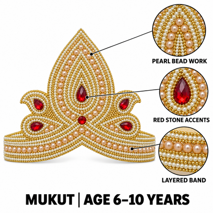 Pearl and Red Golden Mukut Crown for Kids (6-10 Years) – Pack of 6