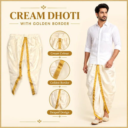 Cream dhoti cream-gold design infographic, shirt not included