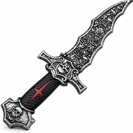Close-up of skull motifs and textured black handle