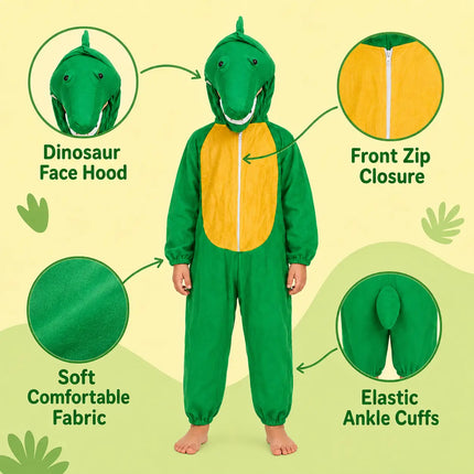 Crocodile Costume for Kids – Green Dino Jumpsuit with Tail & Hood | Fancy Dress for 2.5–8 Years fancydresswale.com